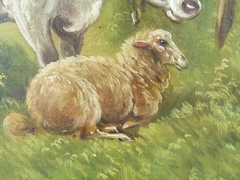 Belle epque style Painting by Paul Schouten of cows and sheep in oil on canvas, Belgium 1900