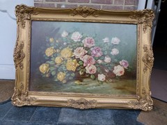 Belle epque style Painting of flowers in oil on canvas, Belgium 1900