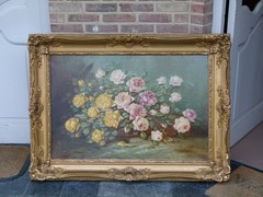 Belle epque style Painting of flowers in oil on canvas, Belgium 1900