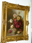 Belle epque style Pair paintings by Henri Schouten of flowers in oil on canvas, Belgium 1890