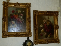 Belle epque style Pair paintings by Henri Schouten of flowers in oil on canvas, Belgium 1890