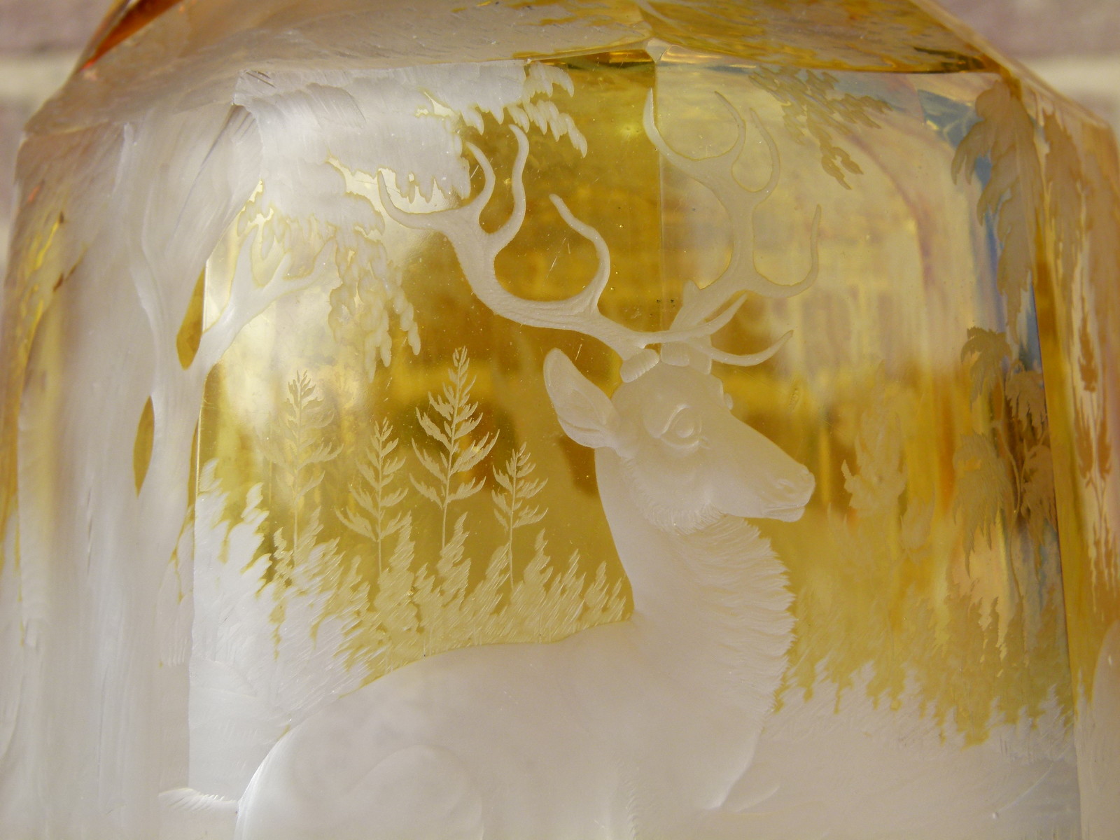 Bohemian engraved glass jar with deers