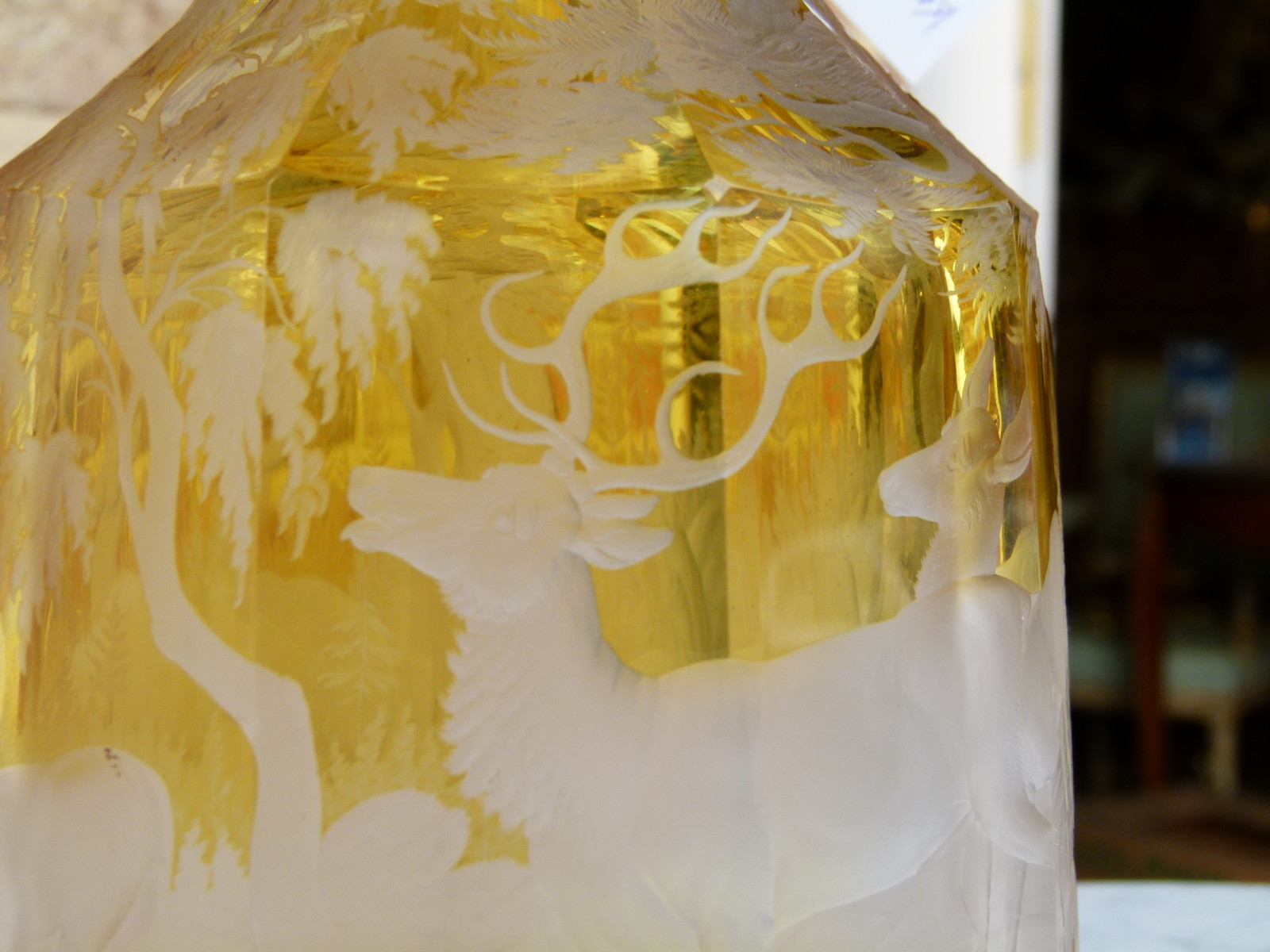 Bohemian engraved glass jar with deers