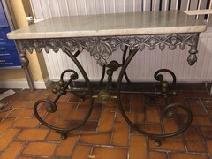 style Boutcher table with marble top in wrought iron frame, France 1880