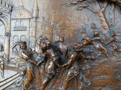 Bruegel style Carved wooden panel of a party in wallnut, France 1880