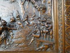 Bruegel style Carved wooden panel of a party in wallnut, France 1880