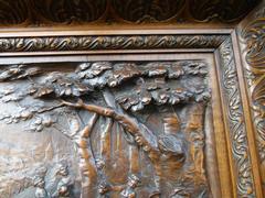 Bruegel style Carved wooden panel of a party in wallnut, France 1880