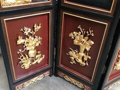 style Chinese 4 panel roomscreen in gilded and colored carved wood, China 1920