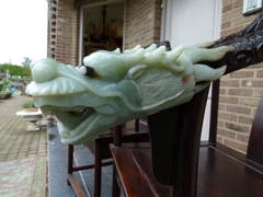 Chinese style Pair armchairs in carved Asiatique wood and carved green stone, China 1940