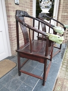 Chinese style Pair armchairs in carved Asiatique wood and carved green stone, China 1940