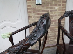 Chinese style Pair armchairs in carved Asiatique wood and carved green stone, China 1940