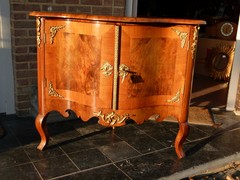 Dresden barock style Corner cabinet with gilded bronze in different woods, Germany 1870