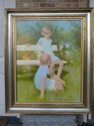 Hans Kitslaar style Painting of two children playing in the park in oil on canvas, Belgium 1970