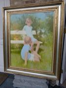 Hans Kitslaar style Painting of two children playing in the park in oil on canvas, Belgium 1970