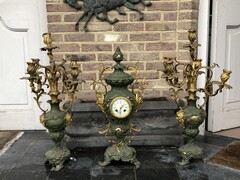 Louis 15 style Clockset in patinated and gilded bronze, France 1900