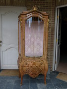 Louis 15 style Display cabinet with flower marquetry and gilded bronzes in different woods, France 1930