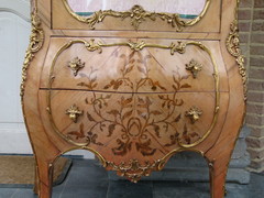 Louis 15 style Display cabinet with flower marquetry and gilded bronzes in different woods, France 1930