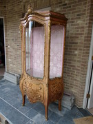 Louis 15 style Display cabinet with flower marquetry and gilded bronzes in different woods, France 1930