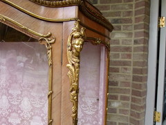 Louis 15 style Display cabinet with flower marquetry and gilded bronzes in different woods, France 1930