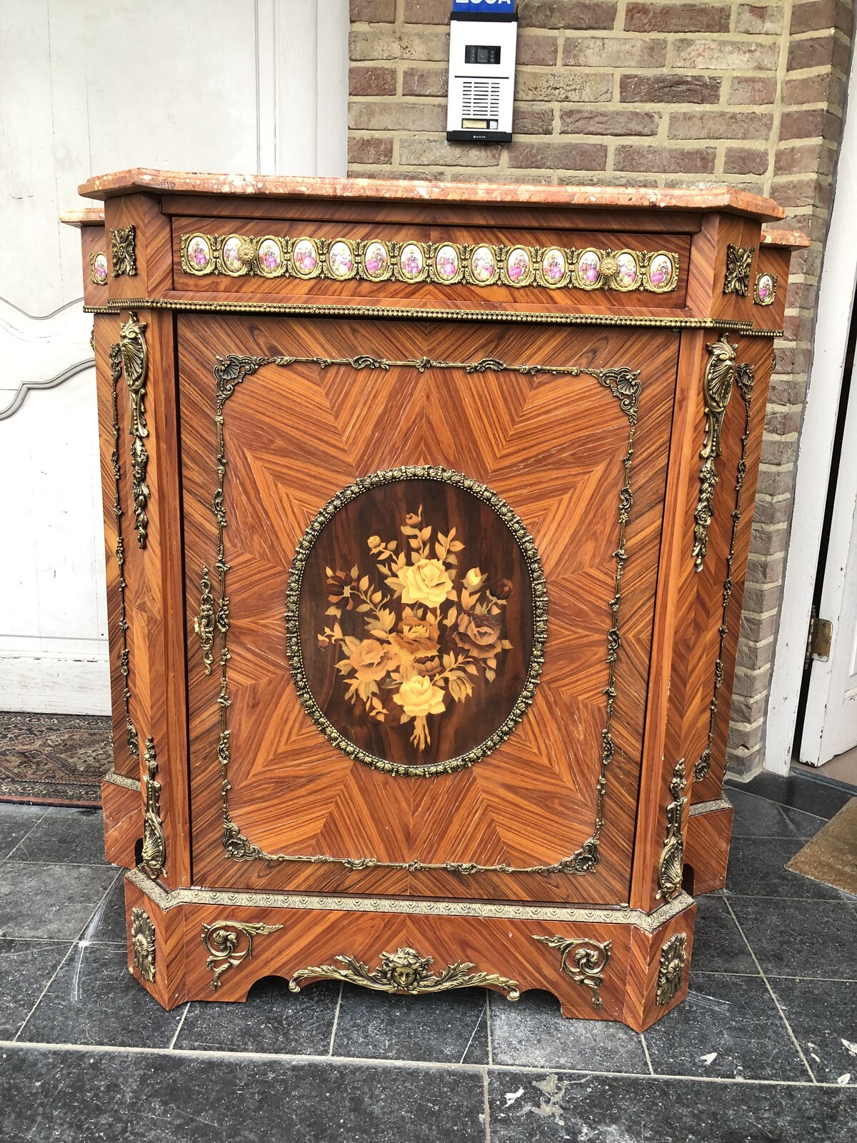 Louis 16 Cabinet with marquetry and porcelain plates