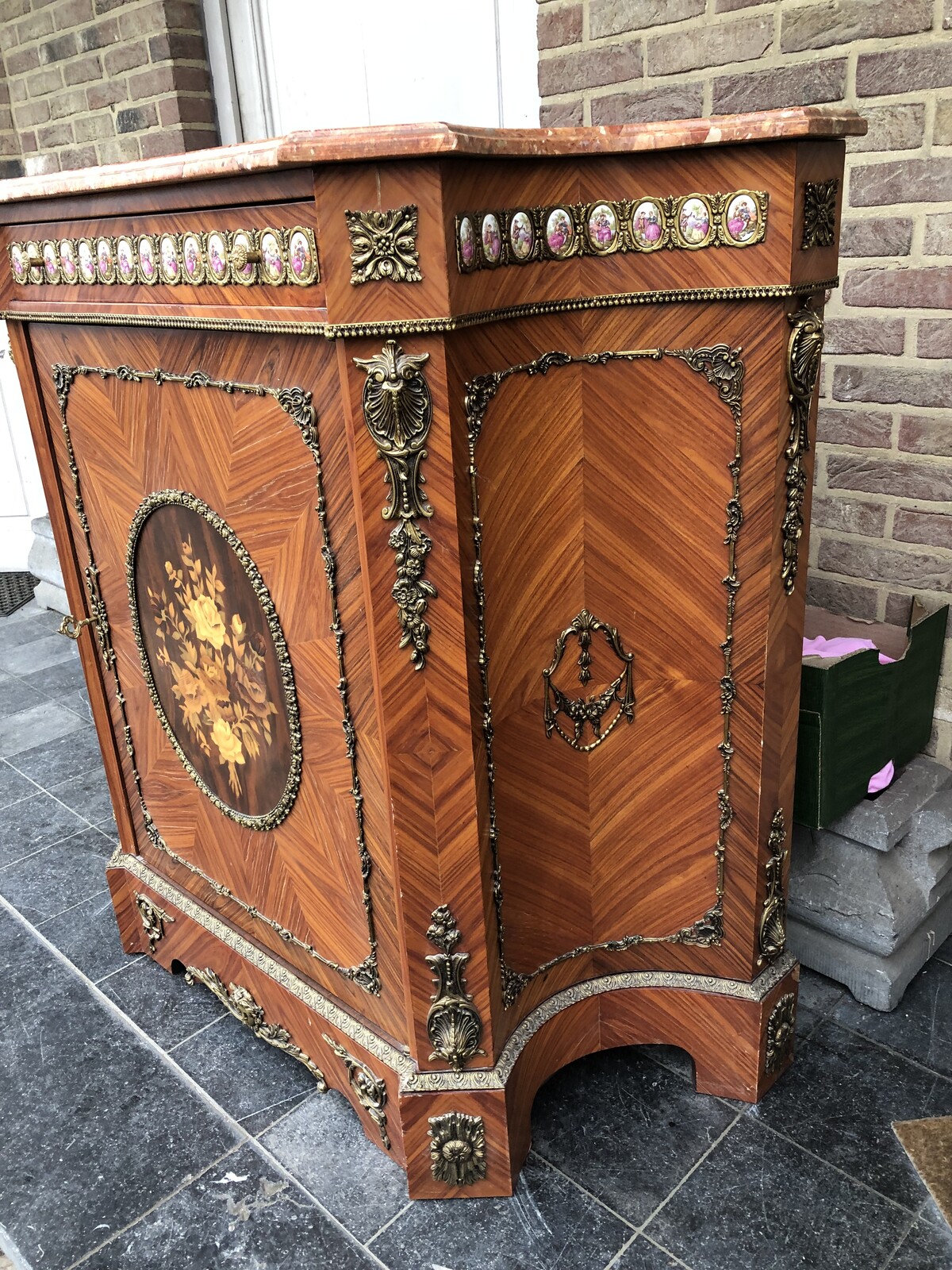 Louis 16 Cabinet with marquetry and porcelain plates