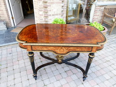 Louis 16 Napoleon 3 style Desk table with flower marquetry and gilded bronzes in different woods, France 1880