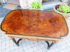 Louis 16 Napoleon 3 style Desk table with flower marquetry and gilded bronzes in different woods, France 1880