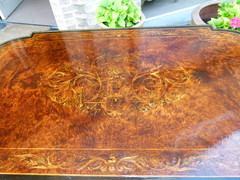 Louis 16 Napoleon 3 style Desk table with flower marquetry and gilded bronzes in different woods, France 1880