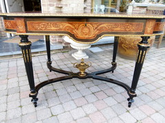 Louis 16 Napoleon 3 style Desk table with flower marquetry and gilded bronzes in different woods, France 1880