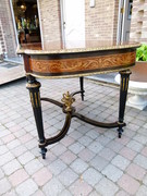 Louis 16 Napoleon 3 style Desk table with flower marquetry and gilded bronzes in different woods, France 1880