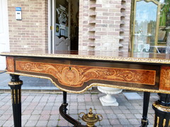 Louis 16 Napoleon 3 style Desk table with flower marquetry and gilded bronzes in different woods, France 1880