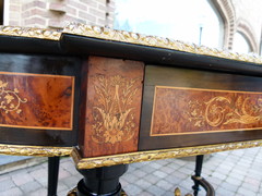 Louis 16 Napoleon 3 style Desk table with flower marquetry and gilded bronzes in different woods, France 1880