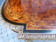 Louis 16 Napoleon 3 style Desk table with flower marquetry and gilded bronzes in different woods, France 1880