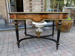 Louis 16 Napoleon 3 style Desk table with flower marquetry and gilded bronzes in different woods, France 1880