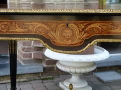 Louis 16 Napoleon 3 style Desk table with flower marquetry and gilded bronzes in different woods, France 1880