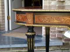 Louis 16 Napoleon 3 style Desk table with flower marquetry and gilded bronzes in different woods, France 1880