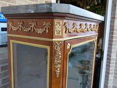 Louis 16 style Napoleon 3 display cabinet with gilded bronze and marble top in satin wood, France 1880