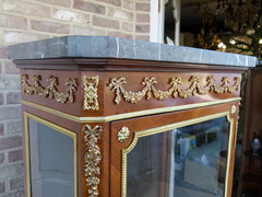 Louis 16 style Napoleon 3 display cabinet with gilded bronze and marble top in satin wood, France 1880