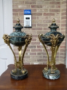 Louis 16 style Pair urns cassolets with heads of rams in green marble and gilded bronze, France 1880