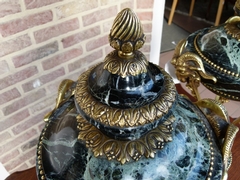 Louis 16 style Pair urns cassolets with heads of rams in green marble and gilded bronze, France 1880