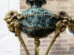 Louis 16 style Pair urns cassolets with heads of rams in green marble and gilded bronze, France 1880