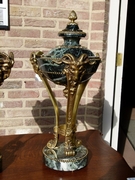 Louis 16 style Pair urns cassolets with heads of rams in green marble and gilded bronze, France 1880