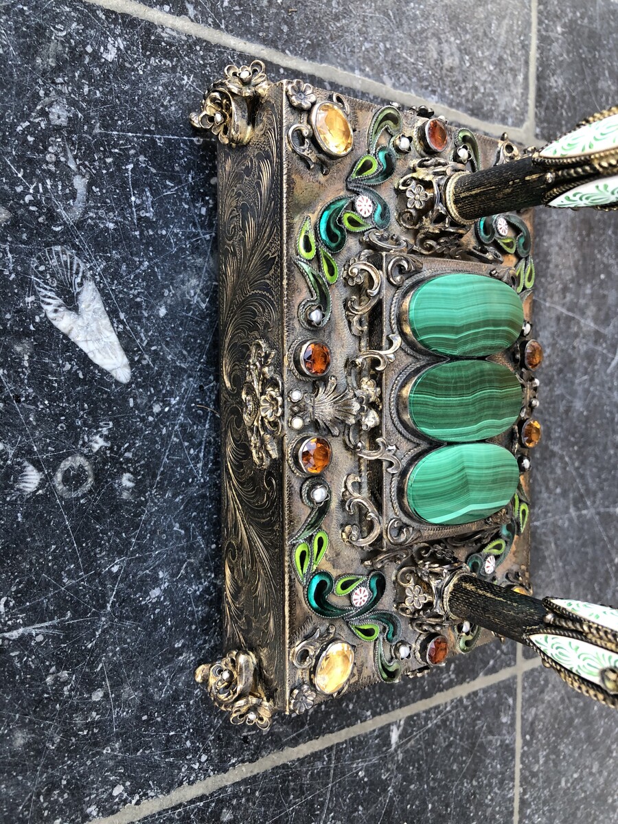 Miniature clock with musical box and precious stones, enamel