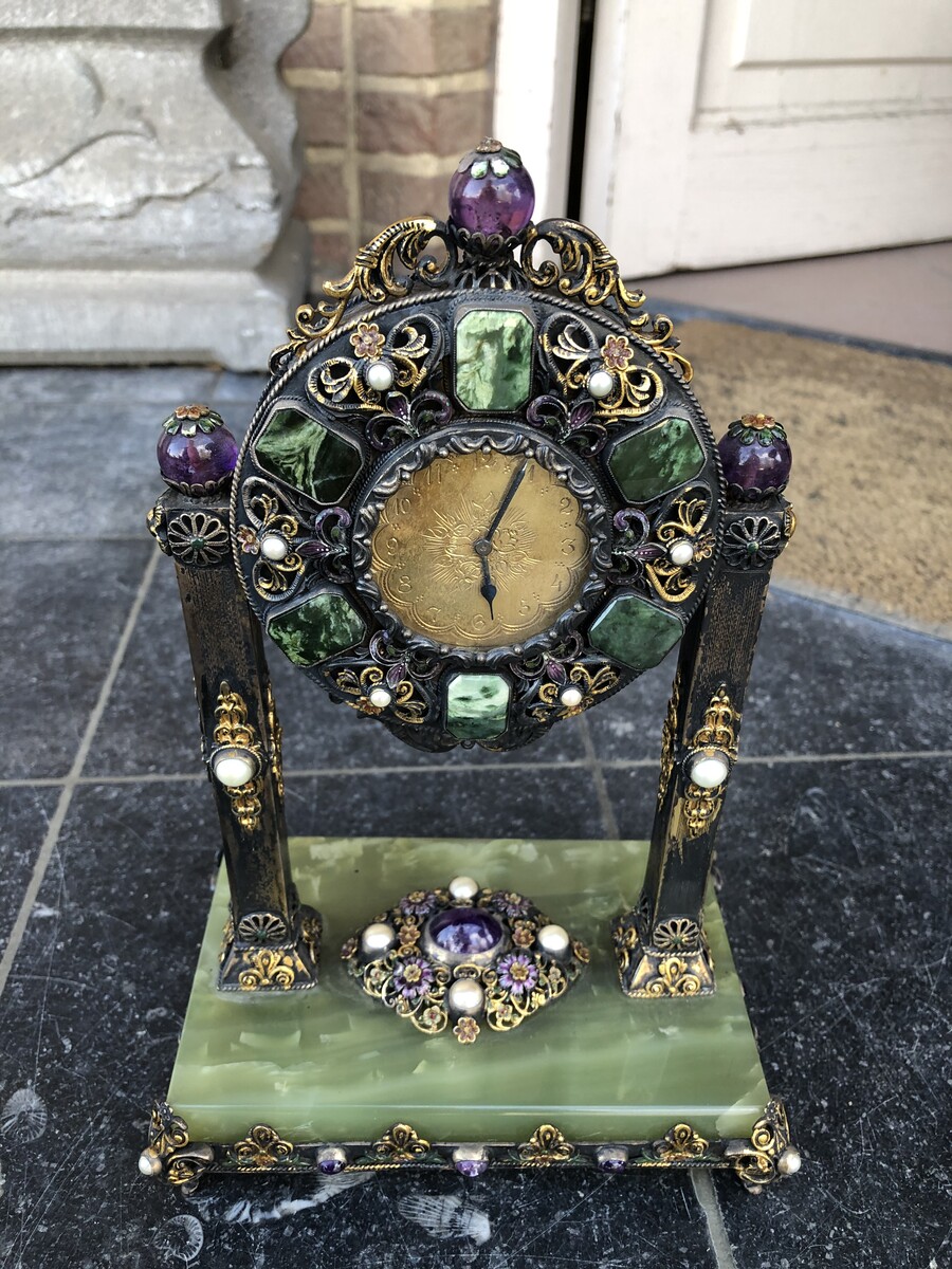 Miniature clock with precious stones and enamel
