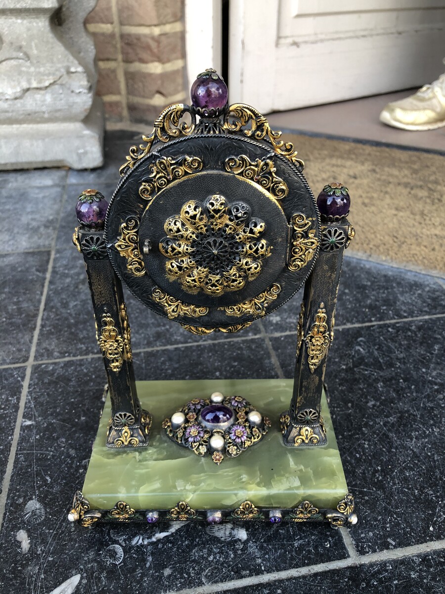 Miniature clock with precious stones and enamel