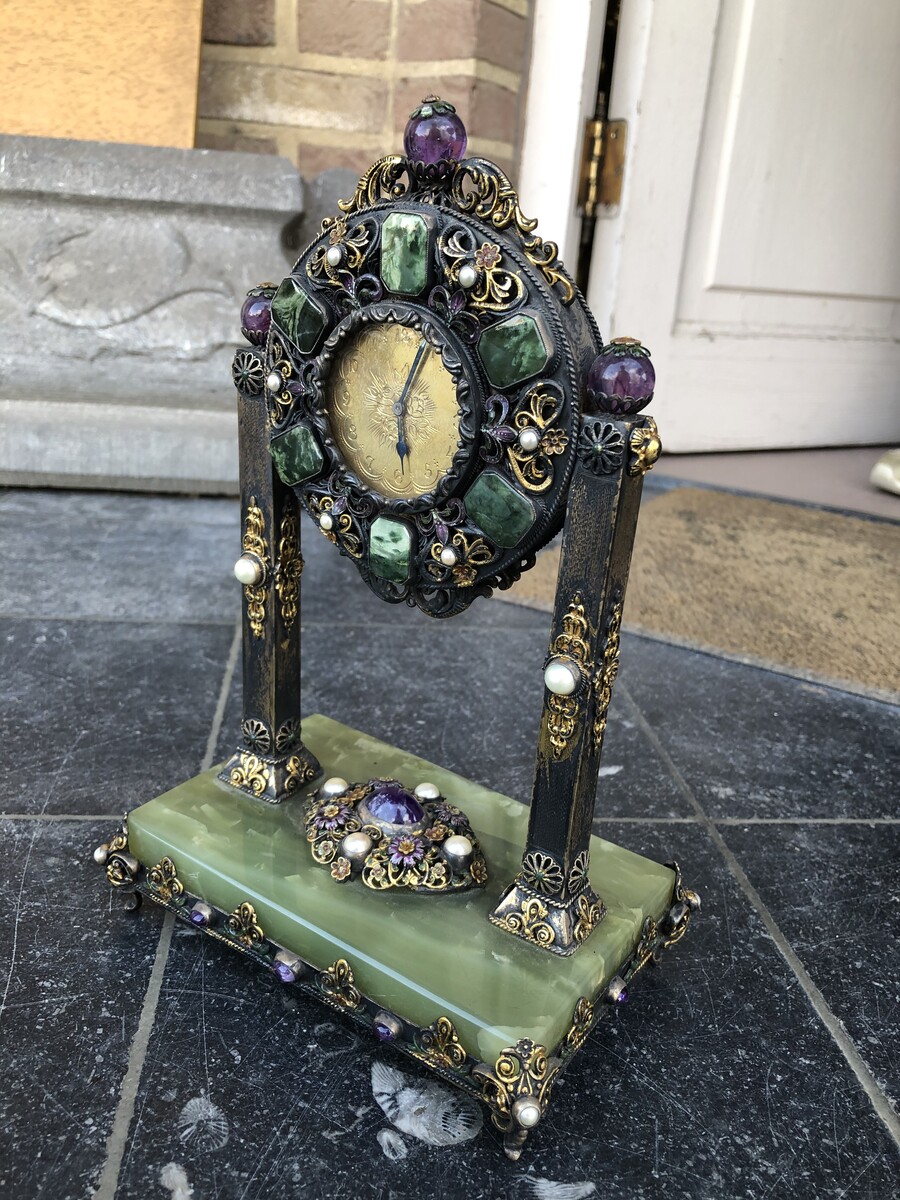 Miniature clock with precious stones and enamel