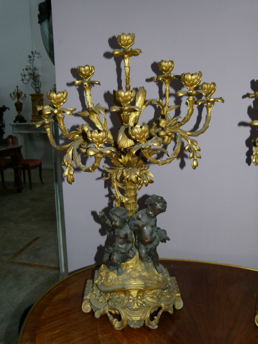 Napoleon 3 A large pair of gilded and patinated bronze candelabra by H.Picard