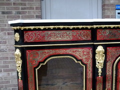 Napoleon 3 style Boulle 3 doors cabinet with tortoiseshell marquetry in ebonised wood,gilded bronze and marble top, France 1870