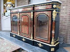 Napoleon 3 style Boulle 3 doors cabinet with tortoiseshell marquetry in ebonised wood,gilded bronze and marble top, France 1870