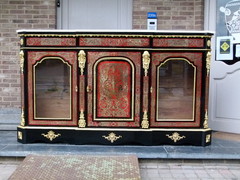 Napoleon 3 style Boulle 3 doors cabinet with tortoiseshell marquetry in ebonised wood,gilded bronze and marble top, France 1870